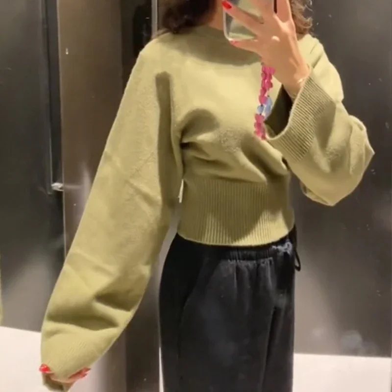 Vintage Solid O-Neck Cropped Sweater Pullover For Women Casual Long Sleeved Loose Jumper Female 2025 Spring Lady High Streetwear
