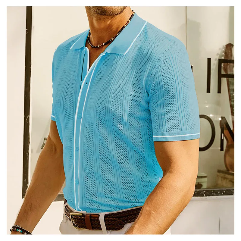 Summer Ice Silk Men Hollow Polo Shirt Breathable Soft Knit Shirt Top Men's Short-sleeved Tee Fashion Color Contrast Men's Shirt 2