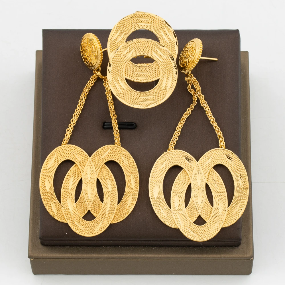 

Dangle Earrings and Ring Jewelry Set for Dubai 18k Gold Color Earrings and Finger Ring 2Pcs Set for Engagement Bridal Gifts