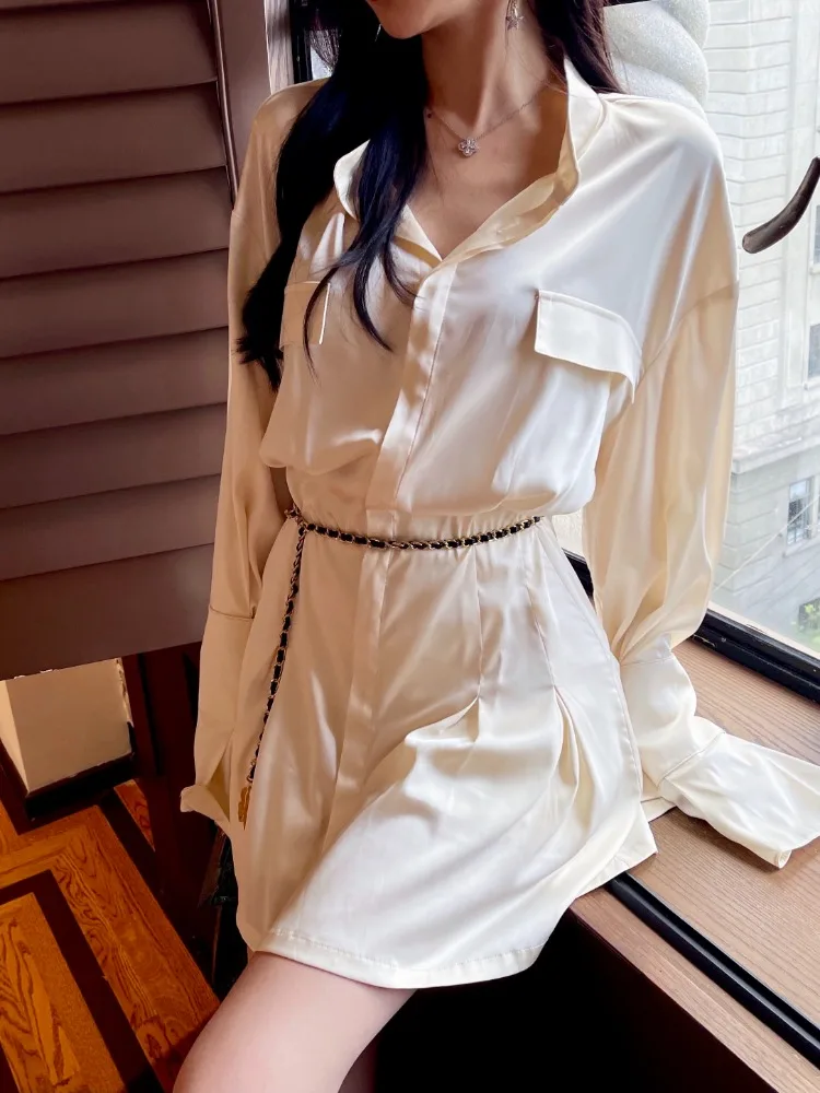 

ADAgirl Elegant Satin Shirt Dress Women Solid Flare Sleeve Slim Button Mini Dress for Office Ladies Korean Fashion Sexy Dresses