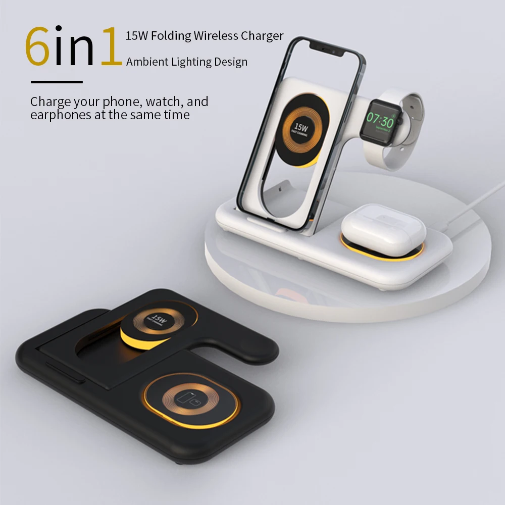 

6in1 Fast Wireless Charger Stand for iPhone 13 14 Pro Max Watch Foldable Magnetic Charging Dock With LED Night Lamp