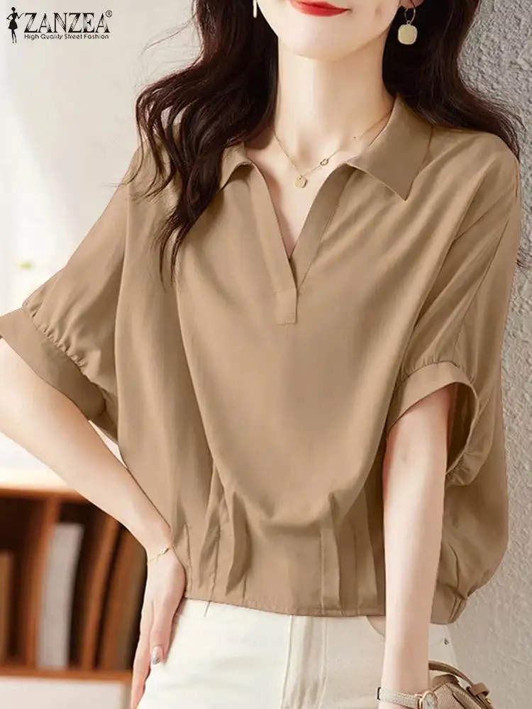 

ZANZEA Elegant Solid Blouse For Women Summer Tunic Tops Lapel Half Sleeve Shirt Casual OL Work Blusas Female Loose Chemise Mujer