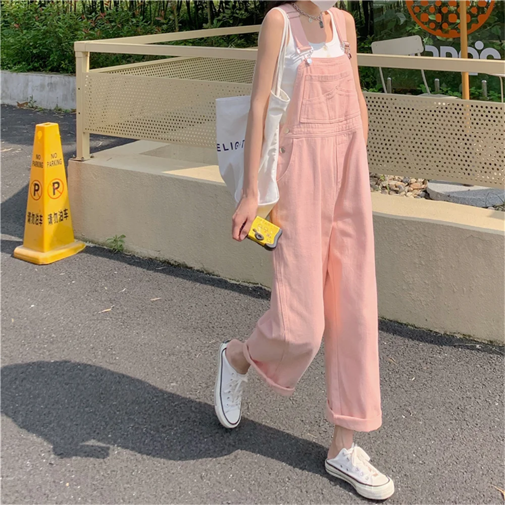 

Preppy Style Pink Jumpsuits Women's Autumn Pants 2023 Casual Suspender Wide Leg Playsuits Rompers Trousers