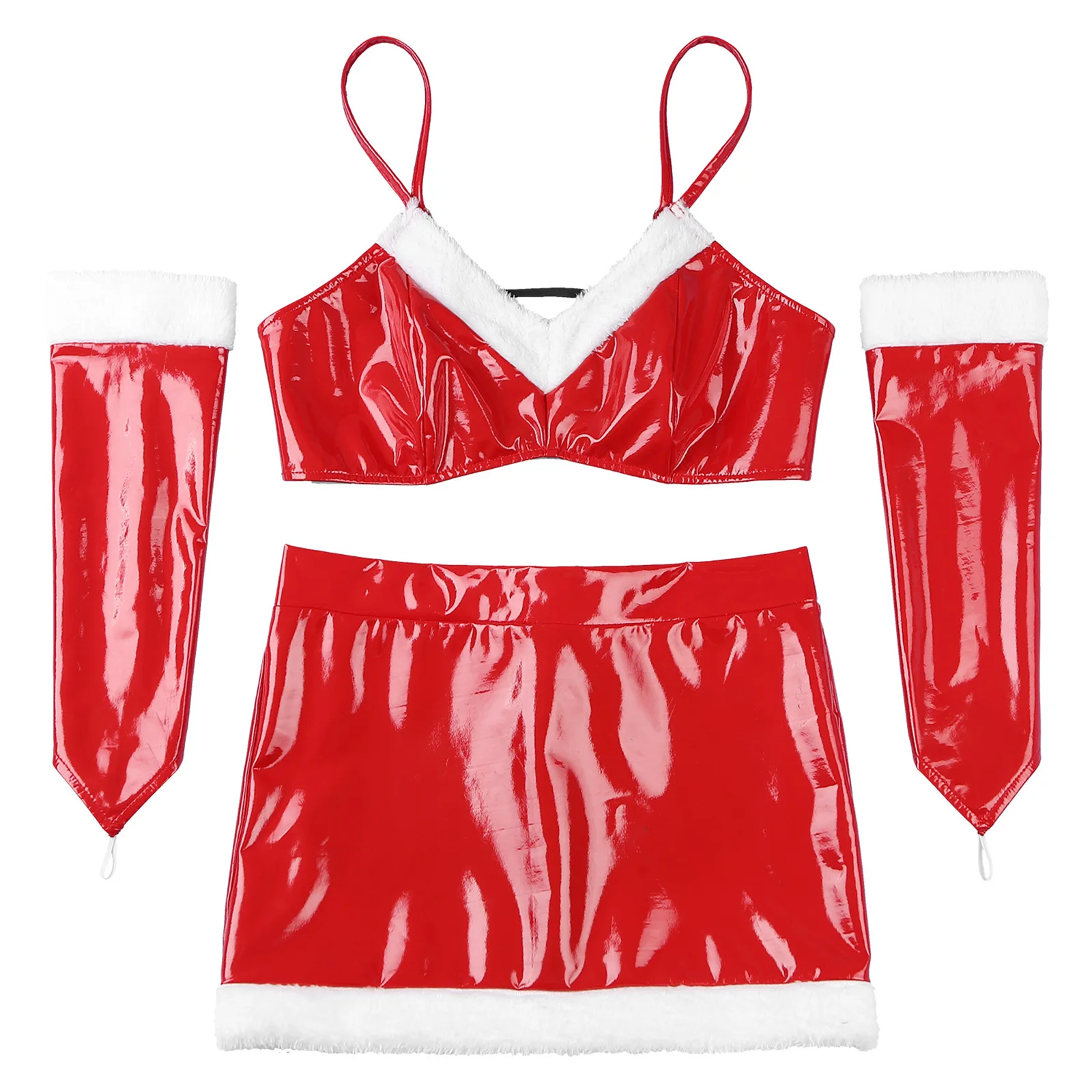 

Womens Red Glossy Santa Claus Dress Patent Leather Wet Look Christmas Sexy Cosplay Costume Crop Tops Open Butt Skirt And Glover