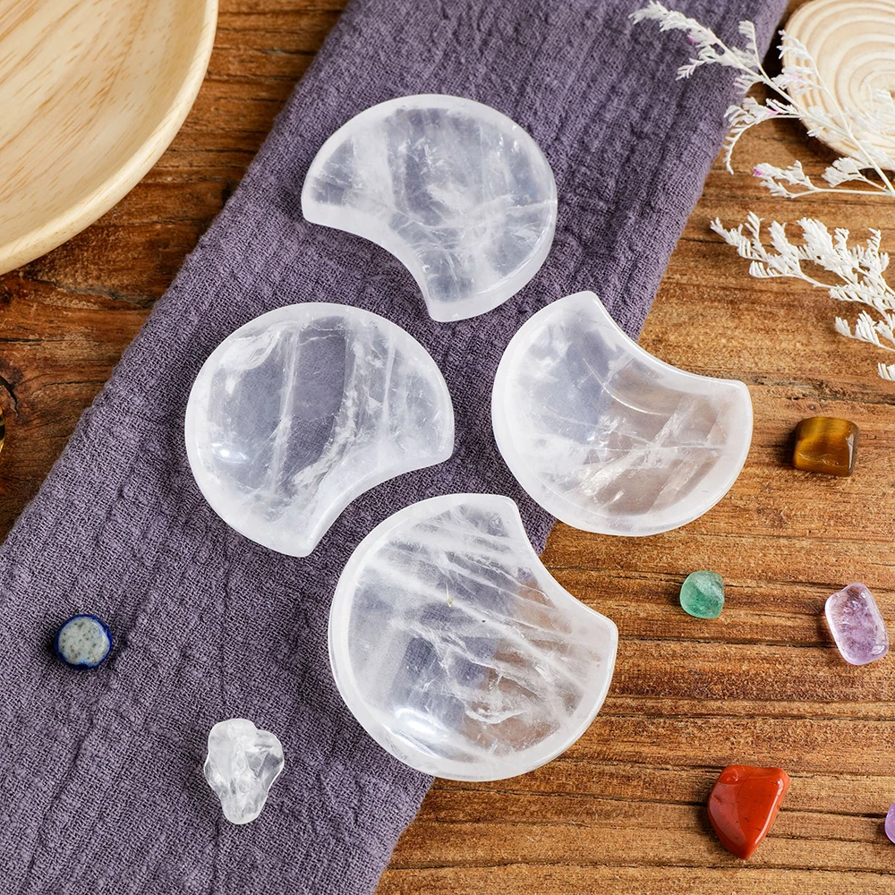 Cuenco de cristal de cuarzo transparente blanco con forma de Luna, bandeja decorativa coleccionable, regalo del Día de San Valentín, piedras naturales