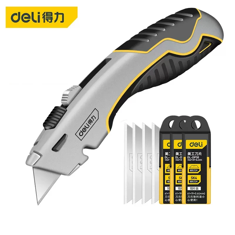 Utility Knife Deli Zinc Alloy Utility Knife Box Cutter Heavy Duty Retractable for Cartons Cardboard and Boxes with Blade Storage Design