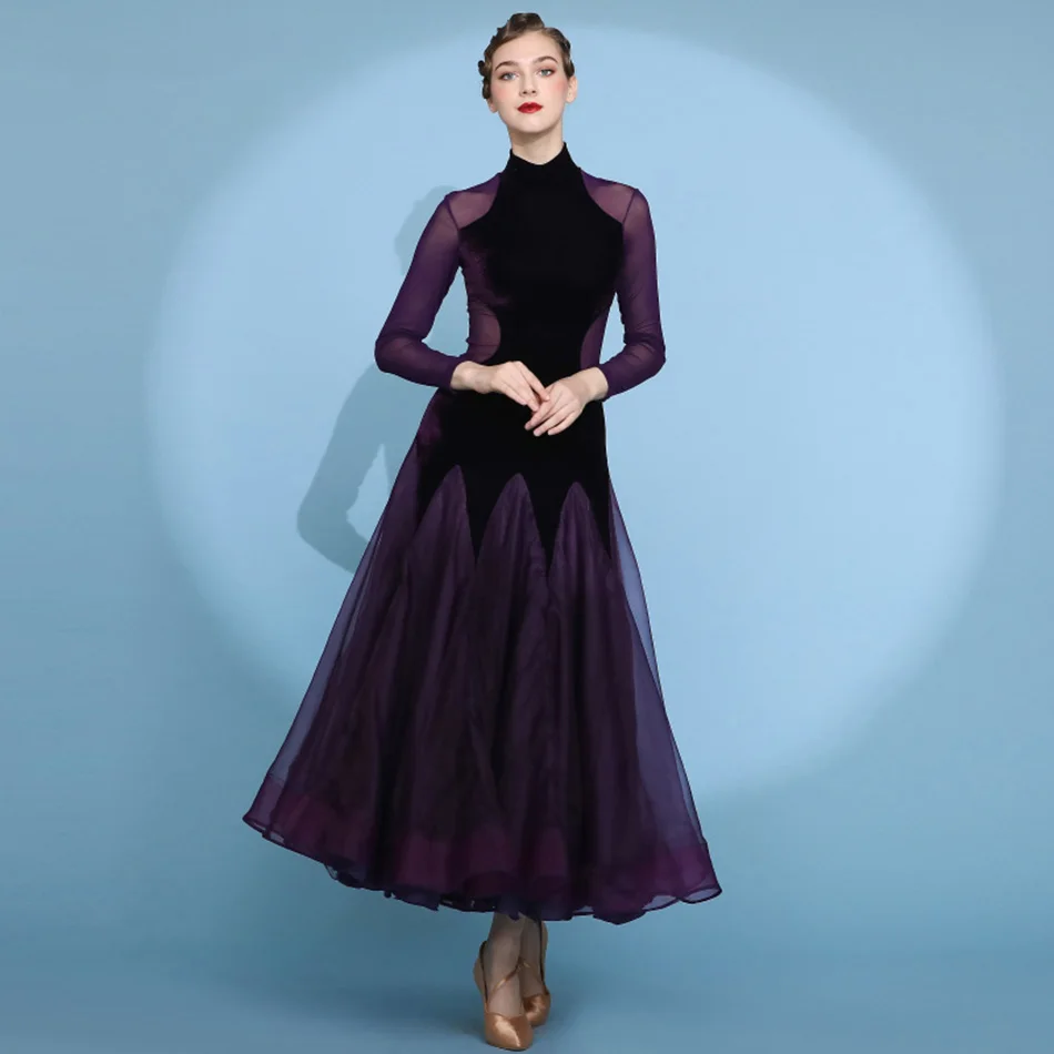 

Dark Purple Velvet Stitching High-collar Standard Ballroom Dance Dress Tango Costumes Ball Gown Dance Waltz Dress Fringe