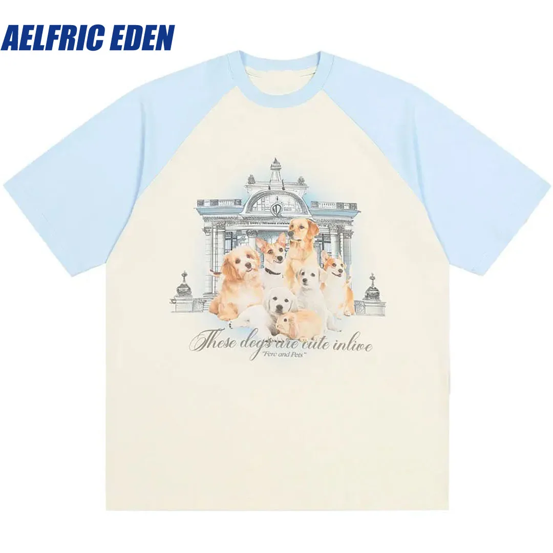 

Aelfric Eden Harajuku Tshirt Streetwear Funny Dog Graphic Print Short Sleeve T-Shirt Hip Hop Loose Patchwork Shirts Men Tee Tops