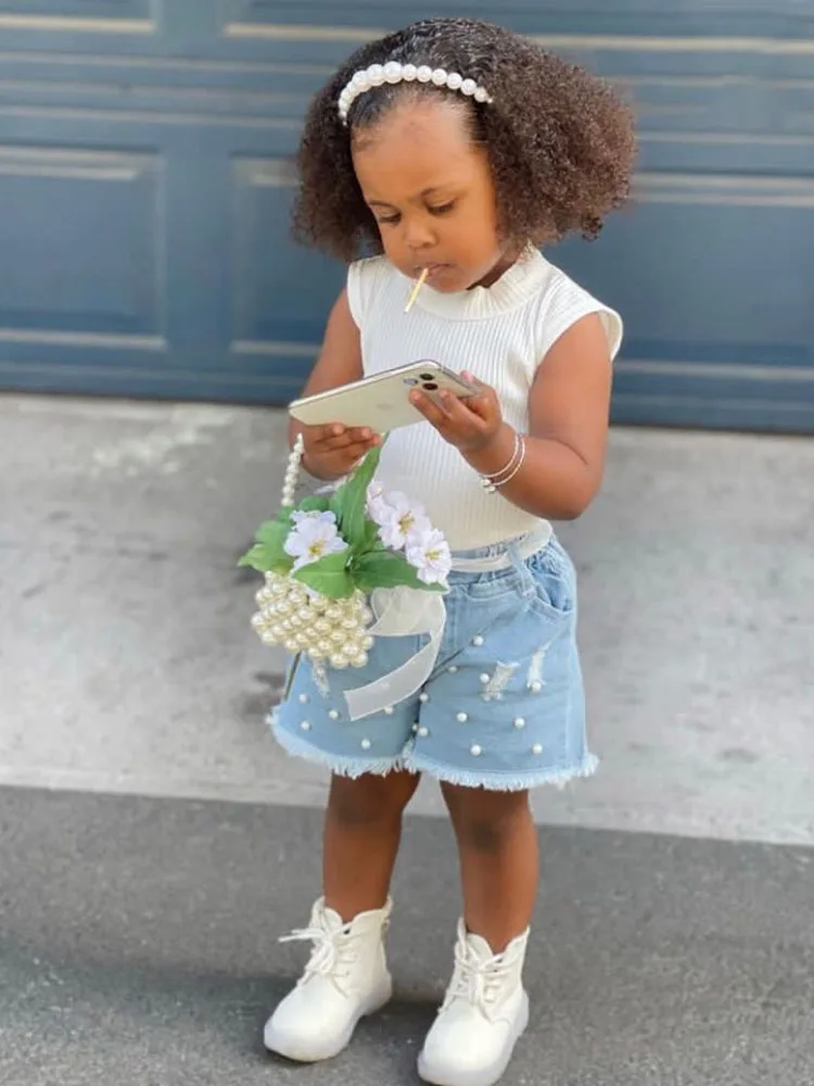 

2023 Summer Baby Girls Clothes Sets 2 Pieces Knit Top+Beading Shorts Jeans Set With Small Moq Y2K Vintage Cute Children Clothing