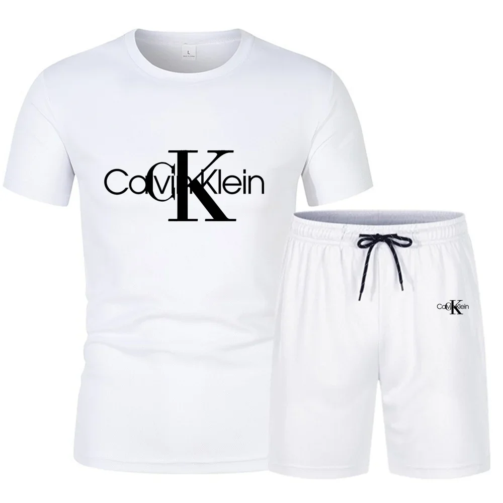 Men\'s new summer short sleeved set, round neck T-shirt+drawstring shorts two-piece set, letter print, fashionable casual sports