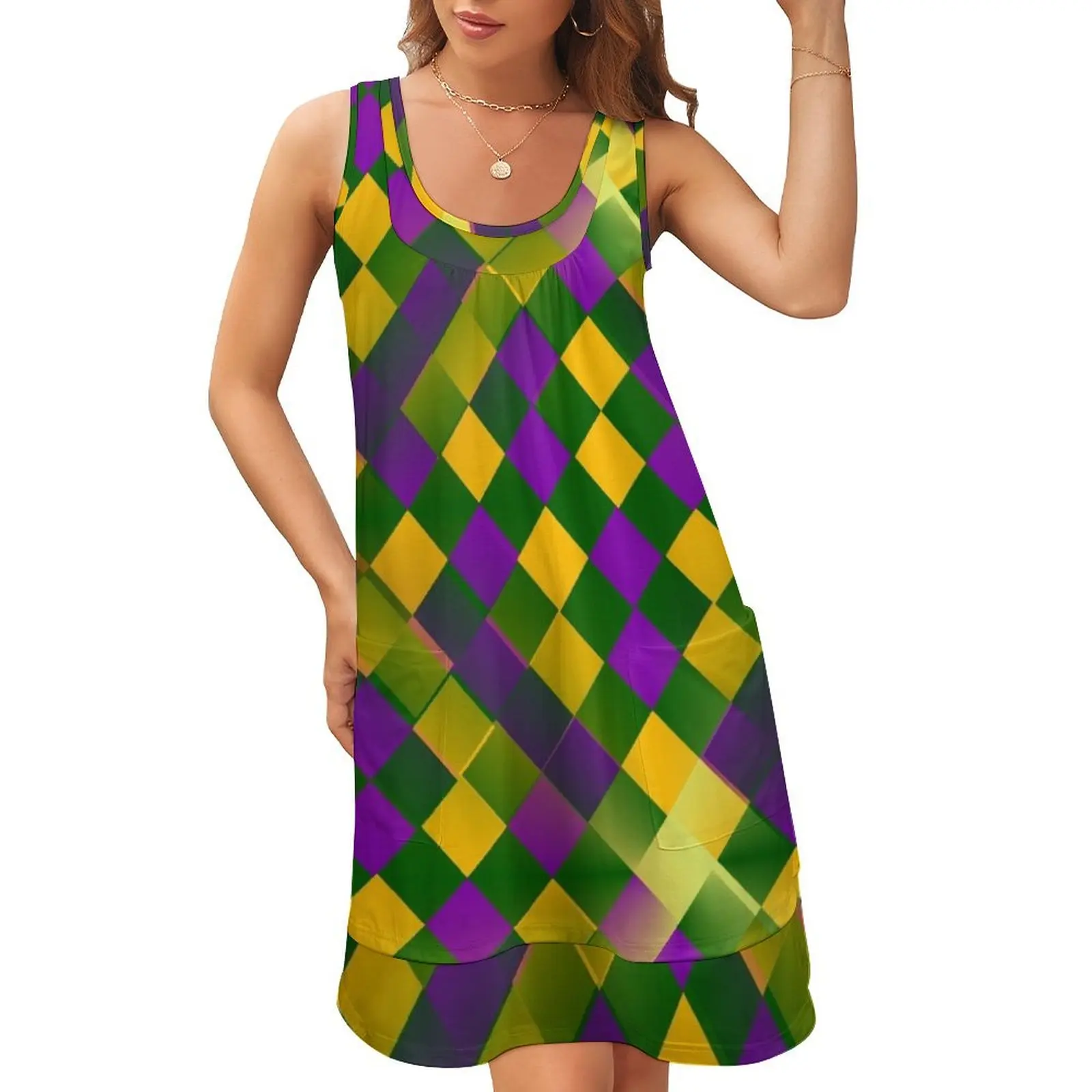 

Harlequin Mardi Gras Sleeveless U-Neck Fake Two Piece Dress chic and elegant evening dress prom clothes