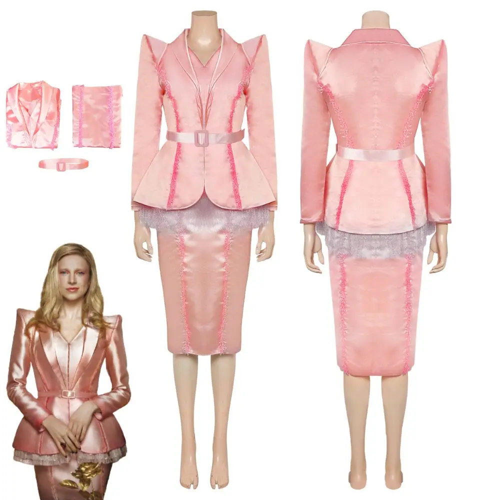 

The Hunger Cos Games Tigris Snow Cosplay Fantasia Costume Disguise Adult Women Pink Jacket Skirt Outfits Halloween Carnival Suit