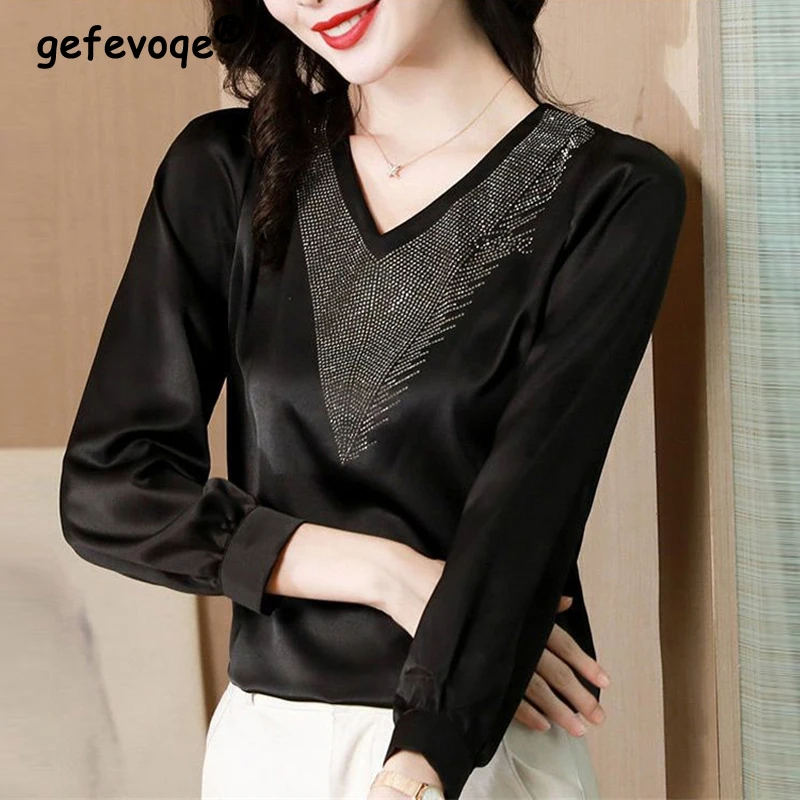 Women Korean High Quality Satin Rhinestone Blouses Office Lady Elegant Black Shirts Autumn V Neck Long Sleeve Tops Blusa Mujer hand made elasticity pearl belt for lady black oval rhinestone gold buckle white beads weave females waist decorative accessorie