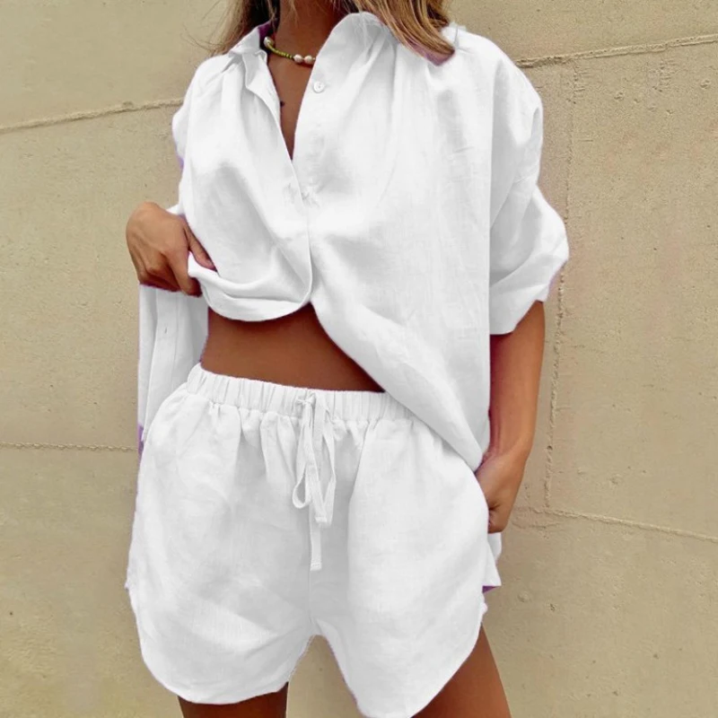 skirt and top co ord Fashion Solid Shirt Home Suits Casual Short Sleeve Tops + Drawstring Shorts Two Piece Set 2021 Summer Women Button Loose Outfit matching lounge set