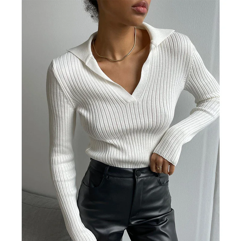 

POLO Neck Knitted 2024 Autumn/Winter Temperament Commuter Fit Pit Stripe Bottom Pullover Sweater For Women