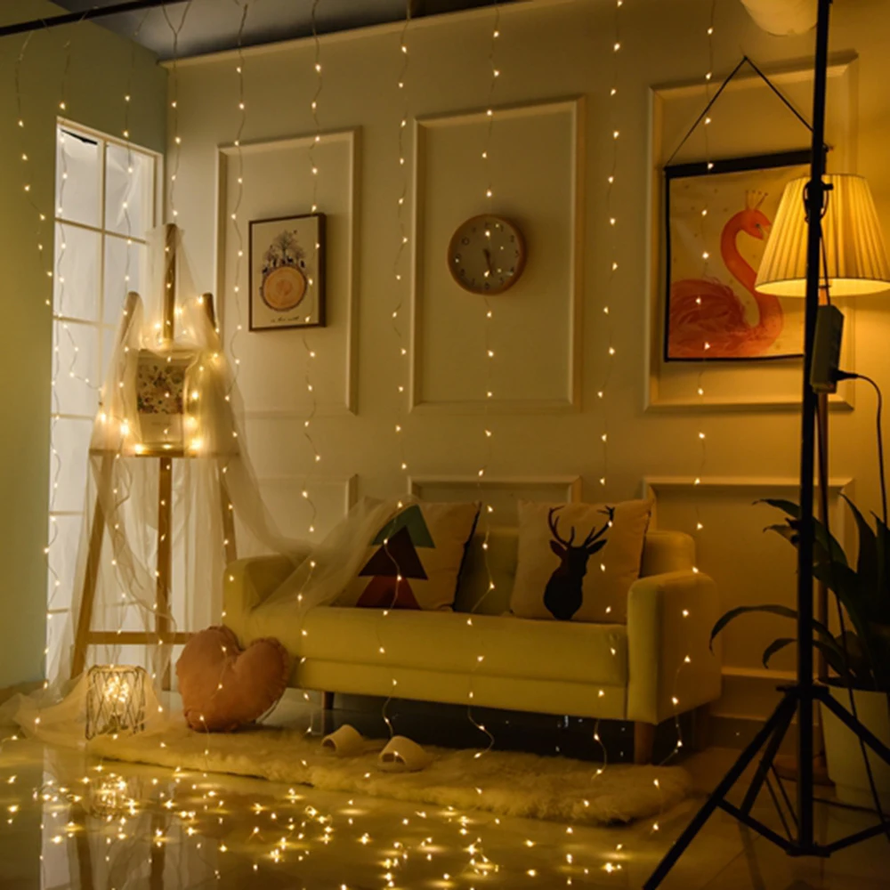 침실용 USB 커튼 라이트, 3M x 3M, 300LED, 따뜻한 흰색, 원격 8 가지 모드, 걸이식 창문, 홈 장 요정 조명