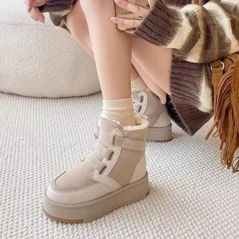 Autuspin Winter Snow Boots Women Genuine Suede Leather Leisure Shoes Outdoor Basic Keep Warm Wool Ankle Boots Woman Size 35-40