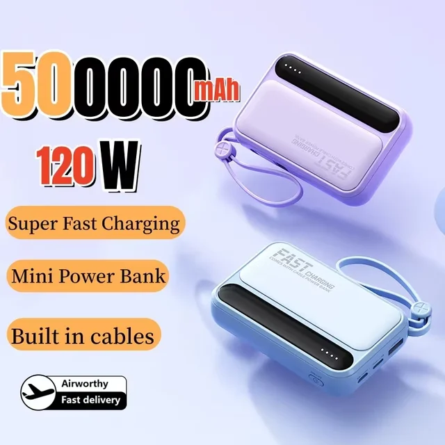 Batterie externe 500000mAh 120W, grande capacité, 4 câbles en 1, affichage numérique intelligent, batterie externe légère et Portable pour iPhone Huawei, nouveau 1