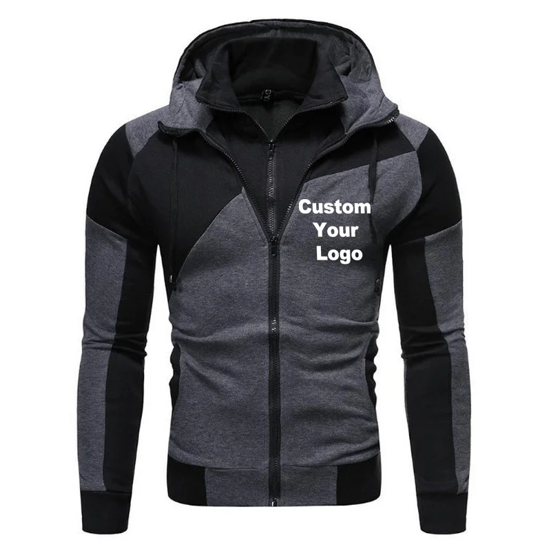 Fashion Mens Casual Hoodies Print Your Logo Custom Jacket Autumn Male Outdoor Patchwork Zipper Sweatshirt Coat