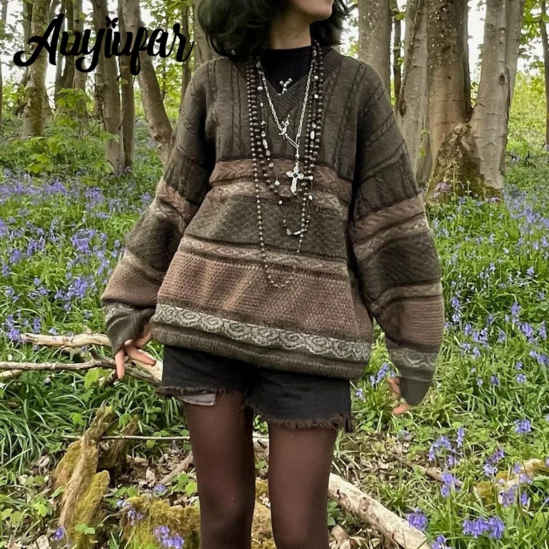 Auyiufar Goblincore Aesthetic Vintage Striped Sweaters Elfcore Fairy Grunge  Autumn Loose Knit Pullover Women Fashion Streetwear - Pullovers - AliExpress
