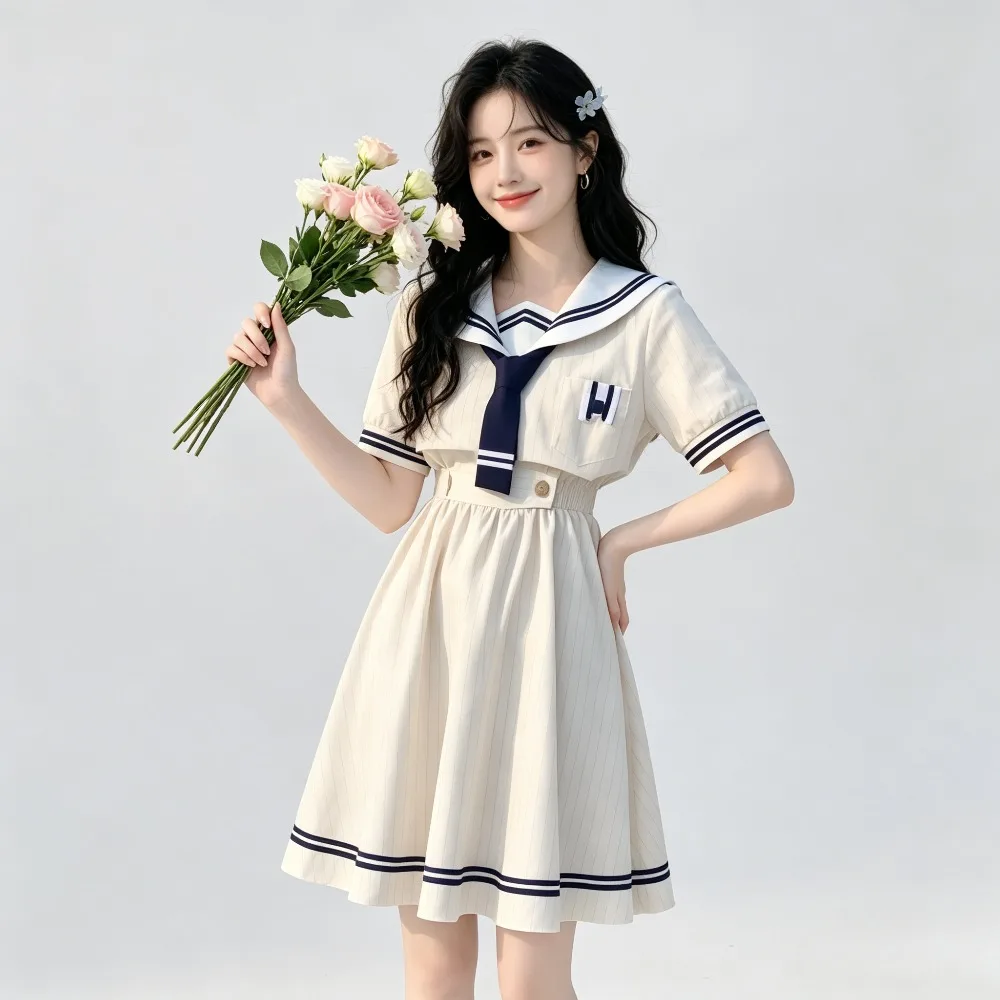 프레피 일본 대학 JK 플리츠 드레스, 중학교 여학생을 위한 여름 교복, 캠퍼스 생활 및 애니메이션 코스프레를 위한 데일리 의상