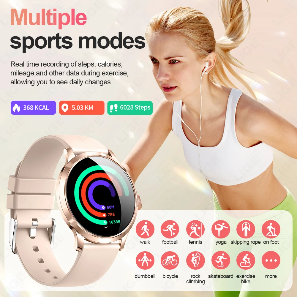 LIGE Women Smart Watch AMOLED Screen Watches Ladies Heart Rate Sleep Monitor Sports Fitness Bracelet Smartwatch for Android iOS