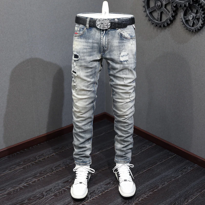 Italian Style Fashion Men Jeans Embroidery Designer Retro Gray Blue Elastic Slim Ripped Jeans Men Patched Vintage Pants Hombre
