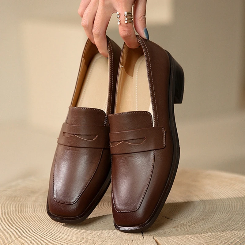 

Women's New Spring and Autumn Genuine Leather Cowhide Square Head Comfortable Mid Heel Large Oxford Single Shoes