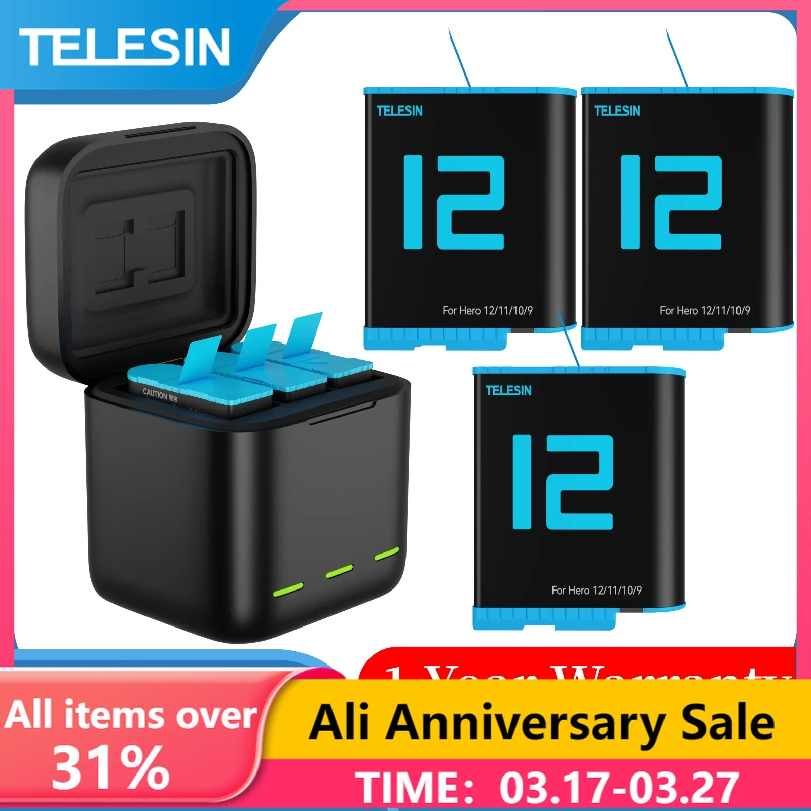 TELESIN Battery 1750 mAh For GoPro 12  Hero 11 10 3 Way Battery Fast Charger Box  Storage For GoPro Hero 12 11 10 9 Accessories gopro 10 battery charger smart fast charging case 1750mah li ion battery storage box for gopro hero 9 sport camera accessories