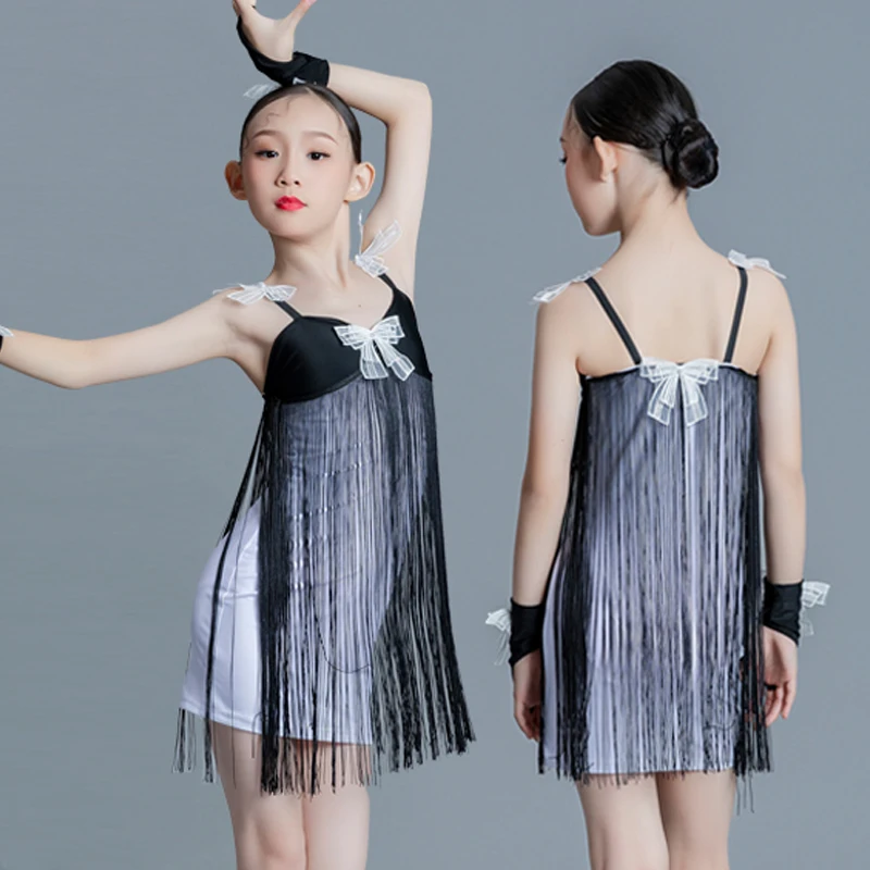 

Kids Performance Latin Dance Dress For Girls Sling Black Fringes Latin Dress Stage Cha cha Rumba Samba Latin Dancewear XS5874