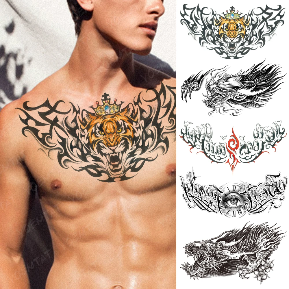 

Chest Tattoo Stickers Color Tiger Crown Lettering Waterproof Temporary Fake Tatoo Large Waist Shoulder Sexy Body Art Men Women