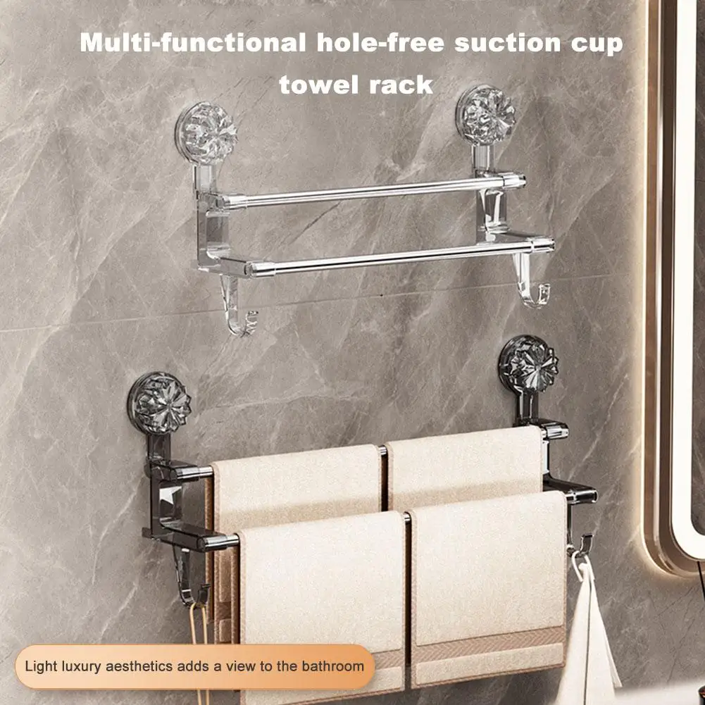 Double Layered Towel Bar with Hook Luxurious Suction Cup Towel Rack Bathroom Hanger Holder Wall Mounted