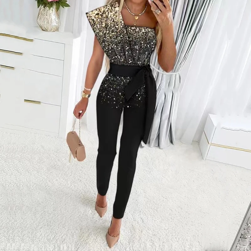 

Women Polka Dot Printed Rag Jumpsuit, Holiday One Shoulder Strap Suit, Spring And Summer Jumpsuit With Hollow Sequins Jumpsuit
