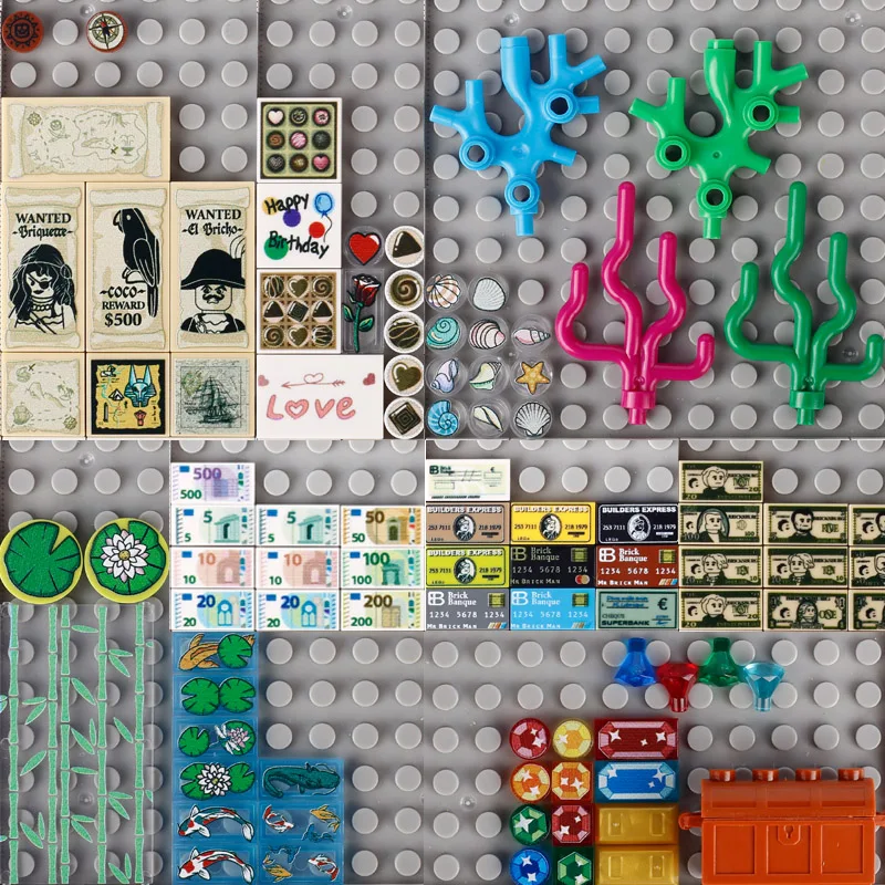 Moc Dollar Euro Building Blocks Money Printed Tiles Carta Di Credito Fish Shell Pond Pirate Preziosi Depositi Diamond Bricks Toys Gift