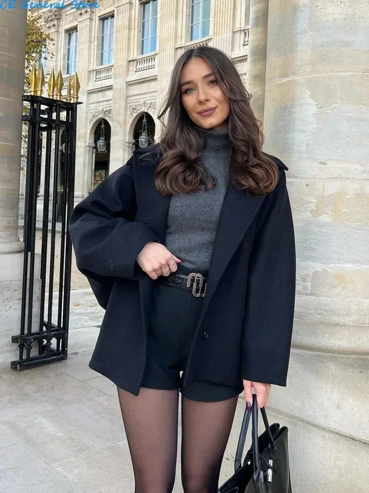 Fashion Lapel Woolen Jacket For Women 2024 Autumn Single Breasted Long Sleeve Coats Female Elegant Oversized Chic Street Outwear 3
