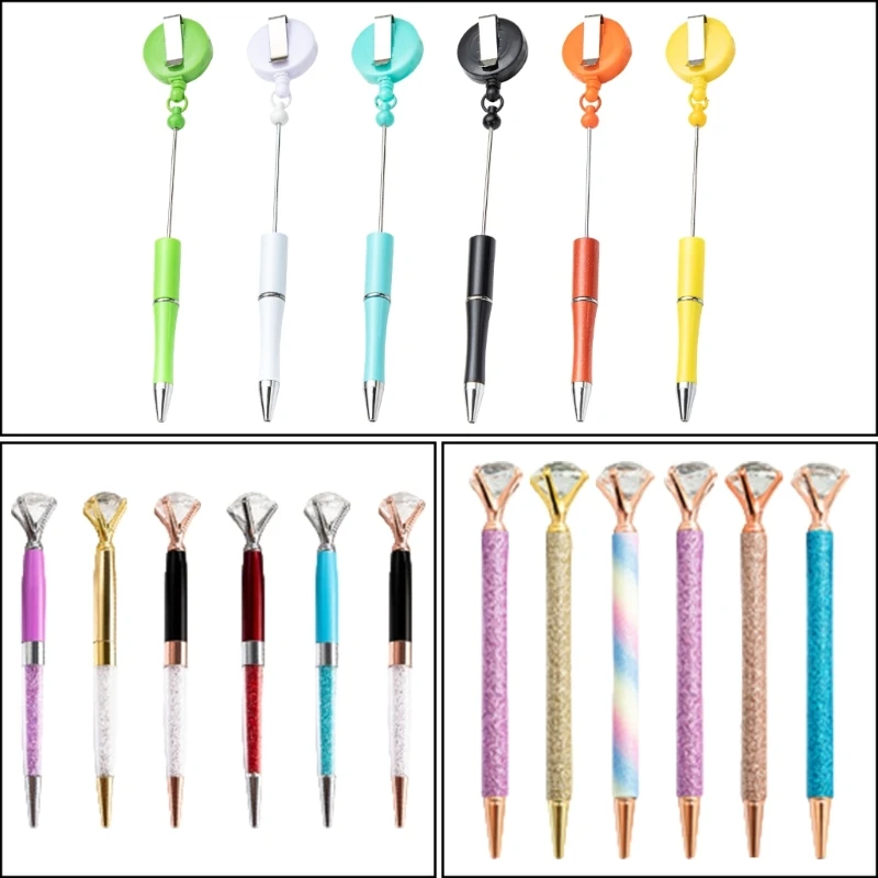 6Pcs Beadable Ballpoint Pen with Retractable Badge Holder Beaded Pen with Badge Reel Belt Clip for Teacher Nurse Doctor