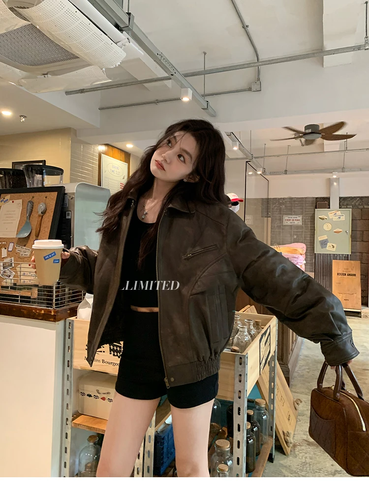 Lautaro Spring Autumn Cool Retro Waterproof Distressed Brown Pu Leather Jackets for Women Zipper Maillard Style Clothes 2024