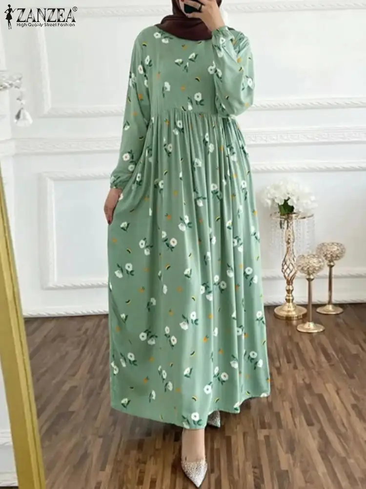 

ZANZEA Fashion Women Floral Printed Muslim Dress Autumn Long Sleeve Vintage Holiday Sundress Dubai Turkey Abaya Hijab Vestido