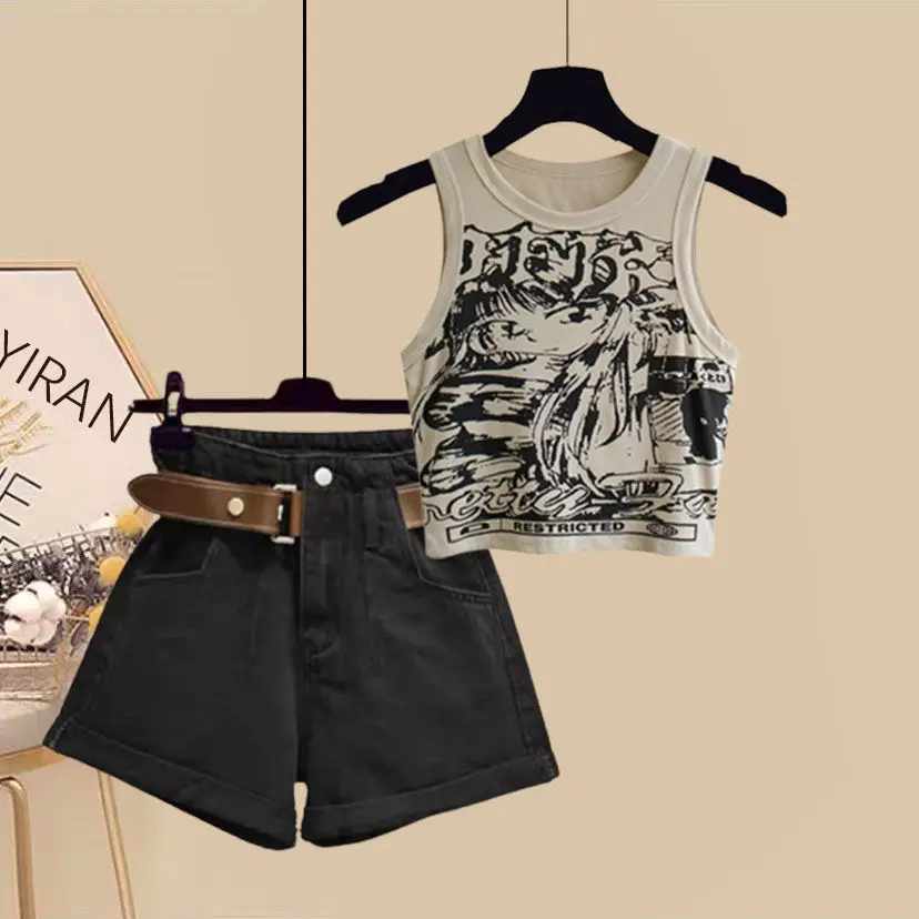 Spring/Summer Set Women's 2024 New Retro Versatile Slimming Shirt Tank Top High Waist Shorts Age Reducing Three Piece Set