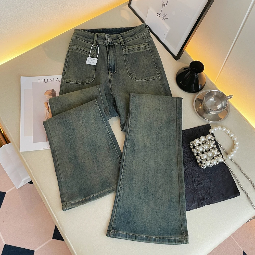 

Women's Minimal Pocket Design Vintage Blue Flare Jeans Street Style Casual Pants Female High Waist Wide Leg Slim Denim Trousers