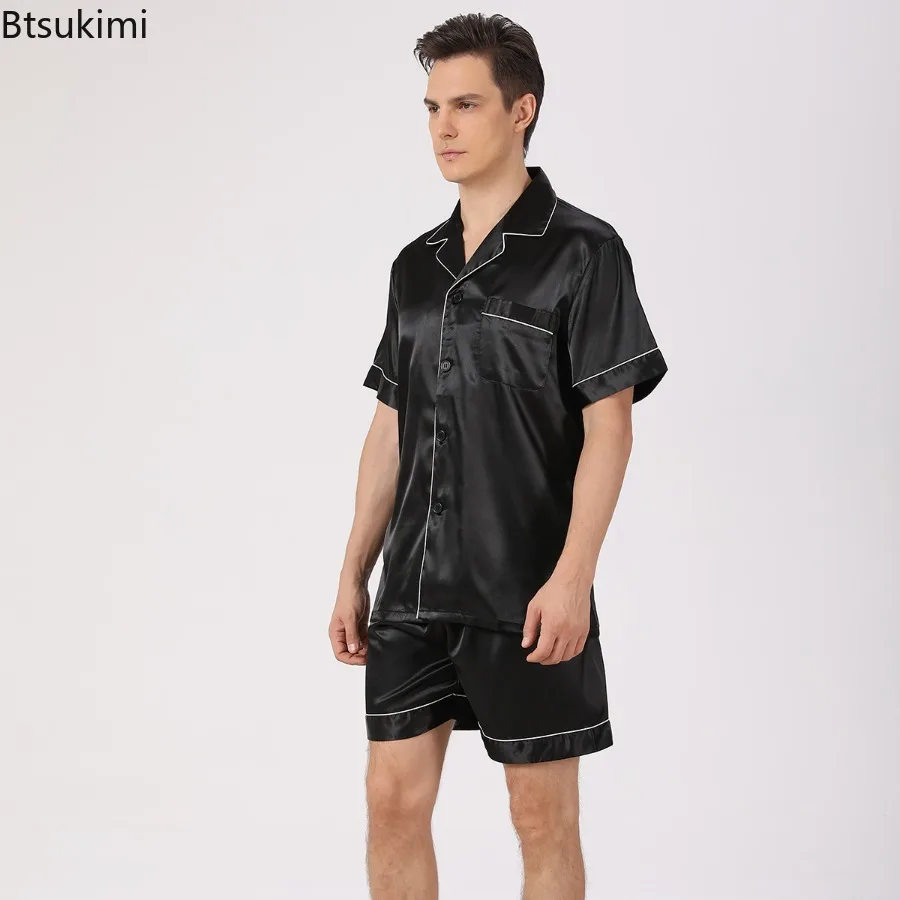 

Men's Pajama Sets Luxury Satin Ice Silk Nightwear Casual Home Clothing Summer Fashion Men Short Sleeve and Shorts Sleepwear Suit