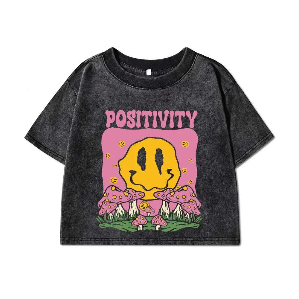 Frau Baumwolle Ernte Gewaschene T-Shirts Pilze Lächelndes Gesicht Positivität Brief Drucke Tops Oversize Oansatz Distressed Weibliche Kleidung – Detail 10