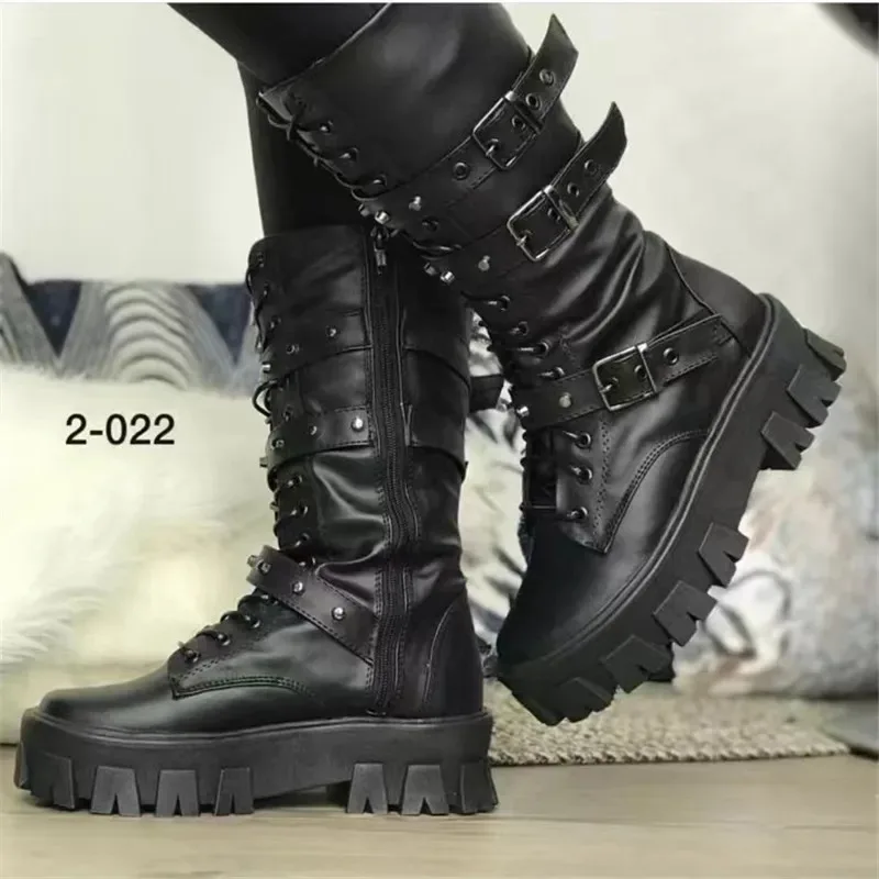 

2023 Autumn and Winter New Cycling Martin Boots English Style Round Head Thick Bottom High Top Motorcycle Boots Women's Boots