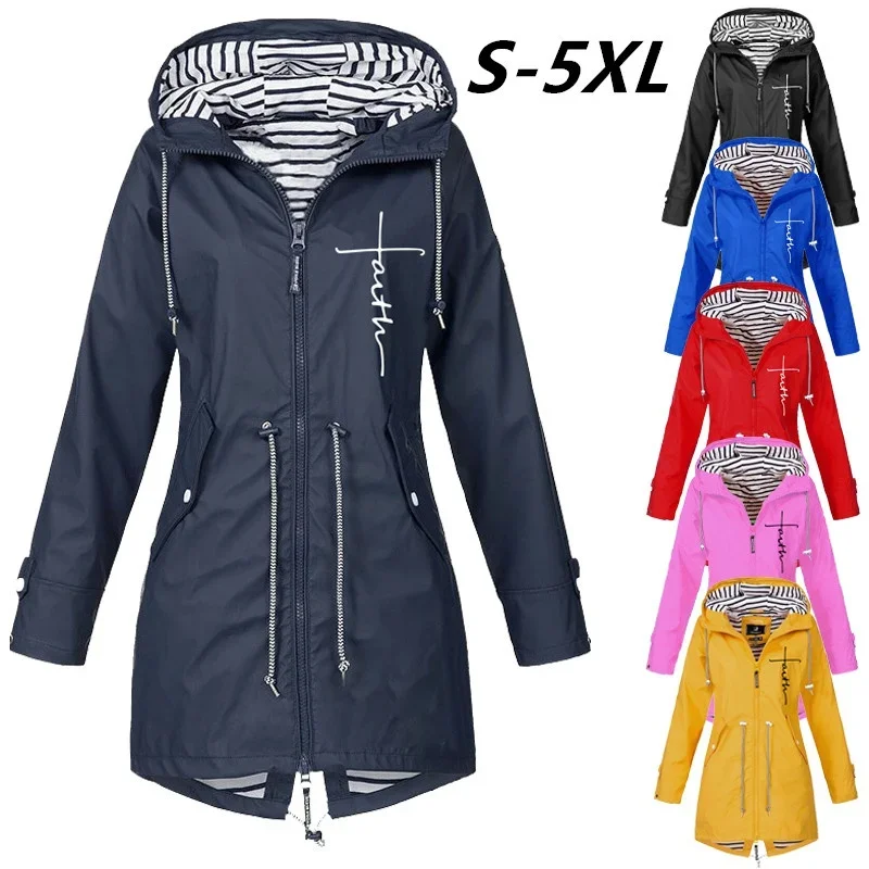 

Spring Autumn Womens Waterproof Raincoat Casual Basic Outdoors Trench Lightweight Drawstring Jackets Hiking Clothing