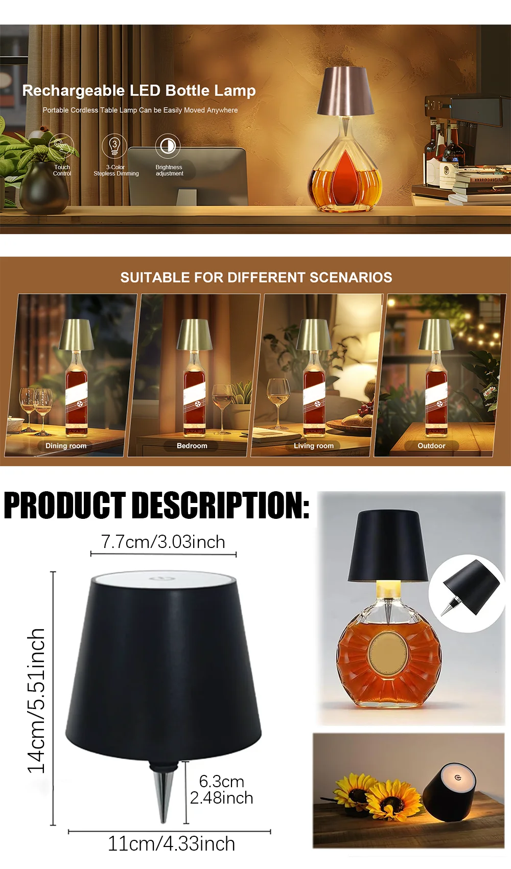 Description Picture 3 of itemRecessed Wine Head Table Lamp Tri-colour Removable Removable Party Camping Lights Rechargeable Wine Head Ambient Lights