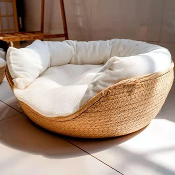 Pets Bed Sofa Bamboo Weaving Four Season Cozy Nest Baskets Waterproof Removable Cushion Cat Mat Kennel Dog Beds Pet Accessories 1