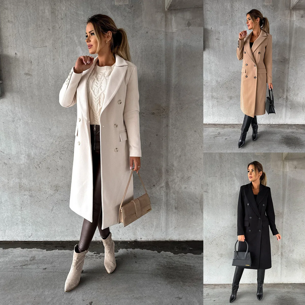 

Women Coat Temperament Commuter Fashion Solid Color Long Sleeve Loose Lapel Double Breasted Simple Woolen Coat Temperament
