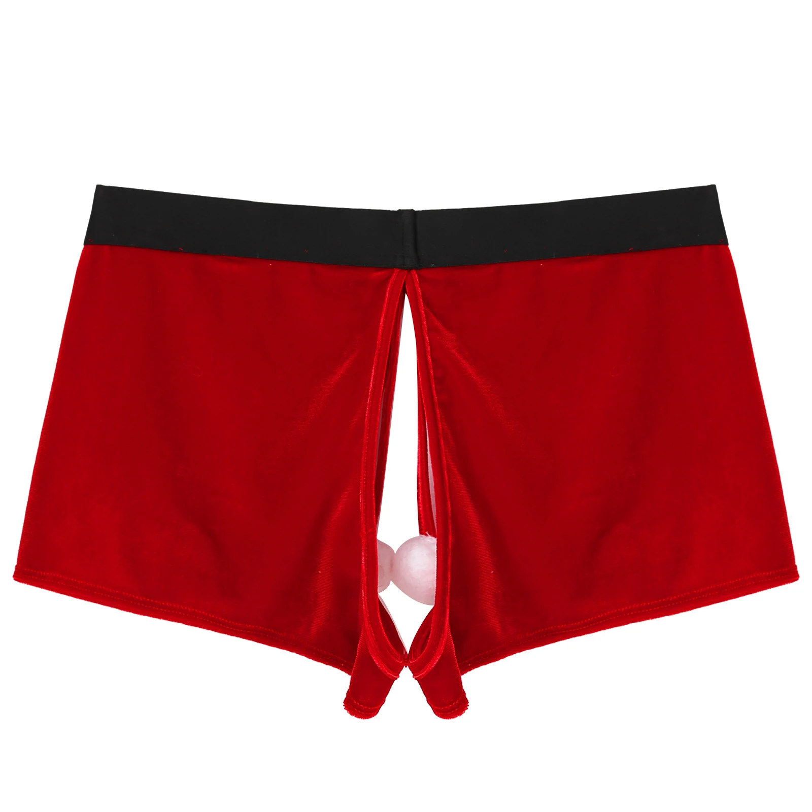 Men Christmas Crotchless Velvet Boxer Shorts Panties Fluffy Ball Sexy Lingerie Underwear Low Waist Elastic Waistband Underpants