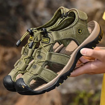 Fashion Green Mens Summer Sandals Big Size 48 Leather Sports Sandals Men Non-slip Beach and Outdoor Sandals Man sandalias hombre