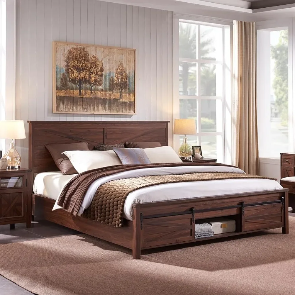 

King Size Bed Freme with Sliding Barn Door Storage Cabinets, Solid Wood Slats Support, Noiseless Beds